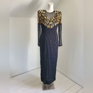 NWT 80s Vintage Stenay Black Gold Silk Beaded Evening Gown Long Sleeve